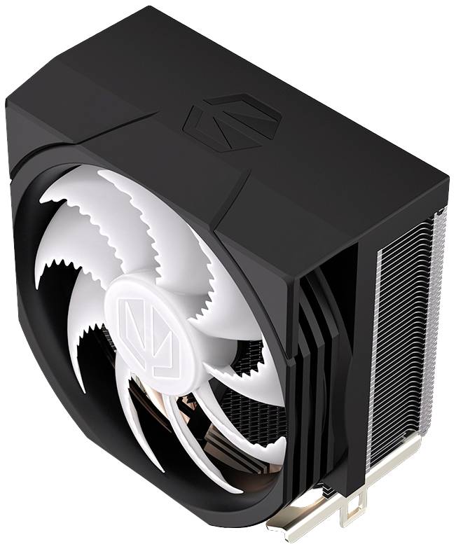 Processor koeler met zwart behuizing en witte ventilator, ontworpen voor efficiënte warmteregulering in pc's.