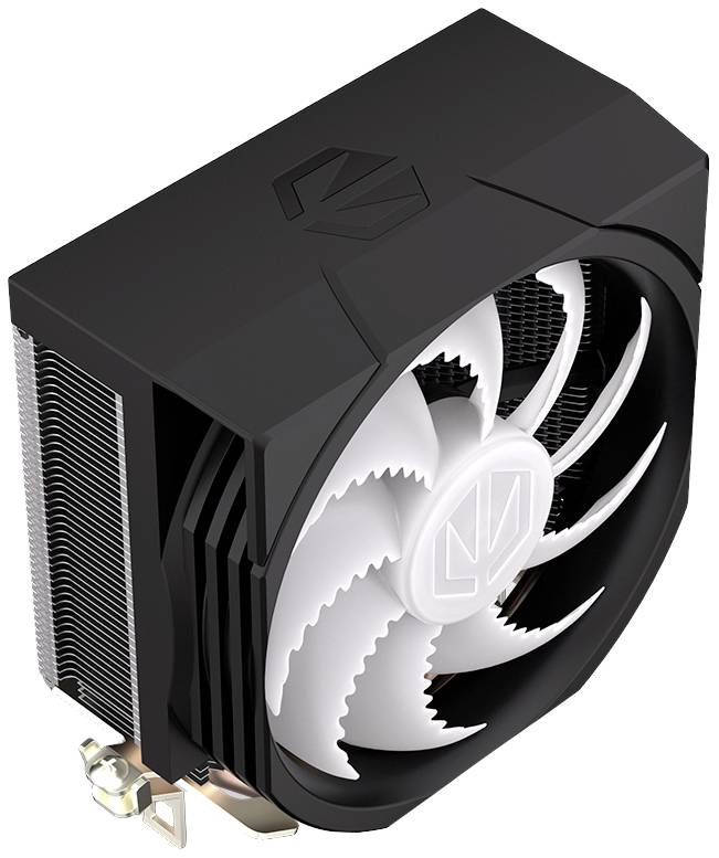 Zwarte CPU-koeler met grote, witte ventilatorschoep en koelribben, geschikt voor koeling van computercomponenten.