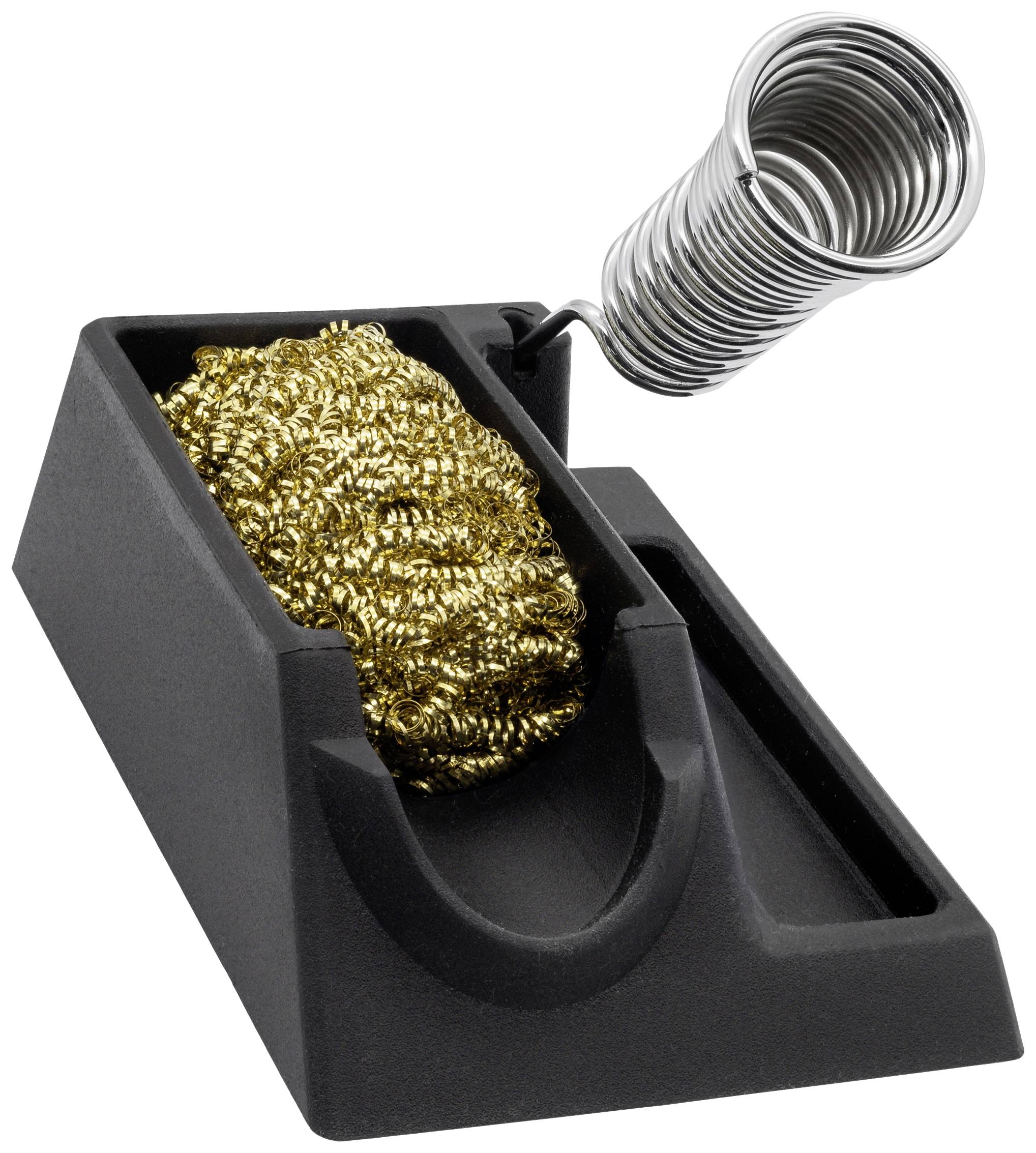 Een soldeerstation-accessoire bestaande uit een zwarte voet met een geïntegreerde goudkleurige reinigingsspons en een metalen spoelhouder.