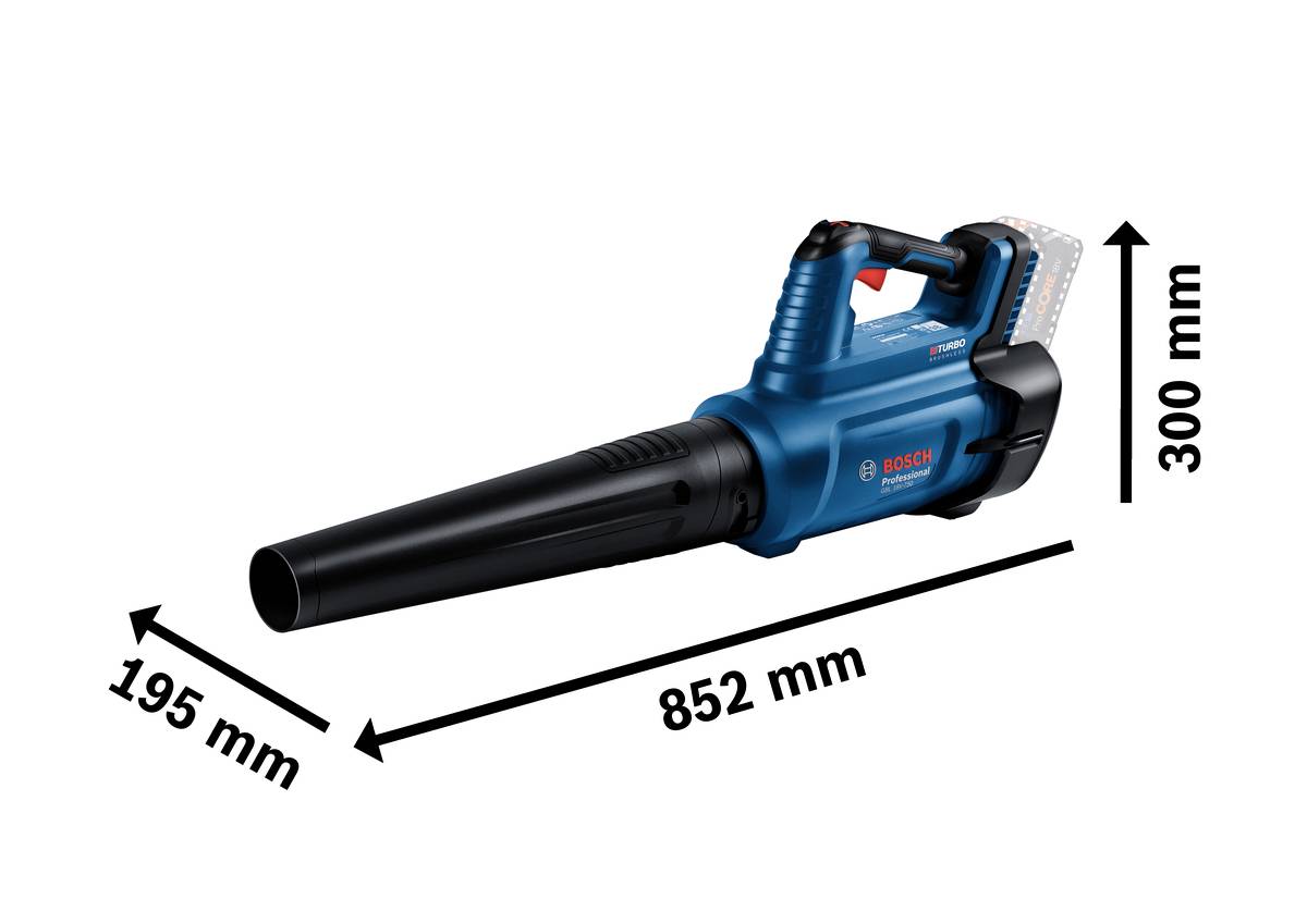 Bosch bladblazer, draadloos met blauwe en zwarte details. Afmetingen: 852 mm lang, 195 mm hoog, 300 mm breed.