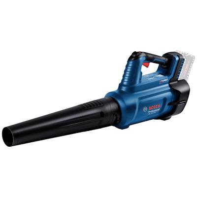 Een blauwe Bosch bladblazer met een zwarte handgreep en een mondstuk waarop een batterij is bevestigd.