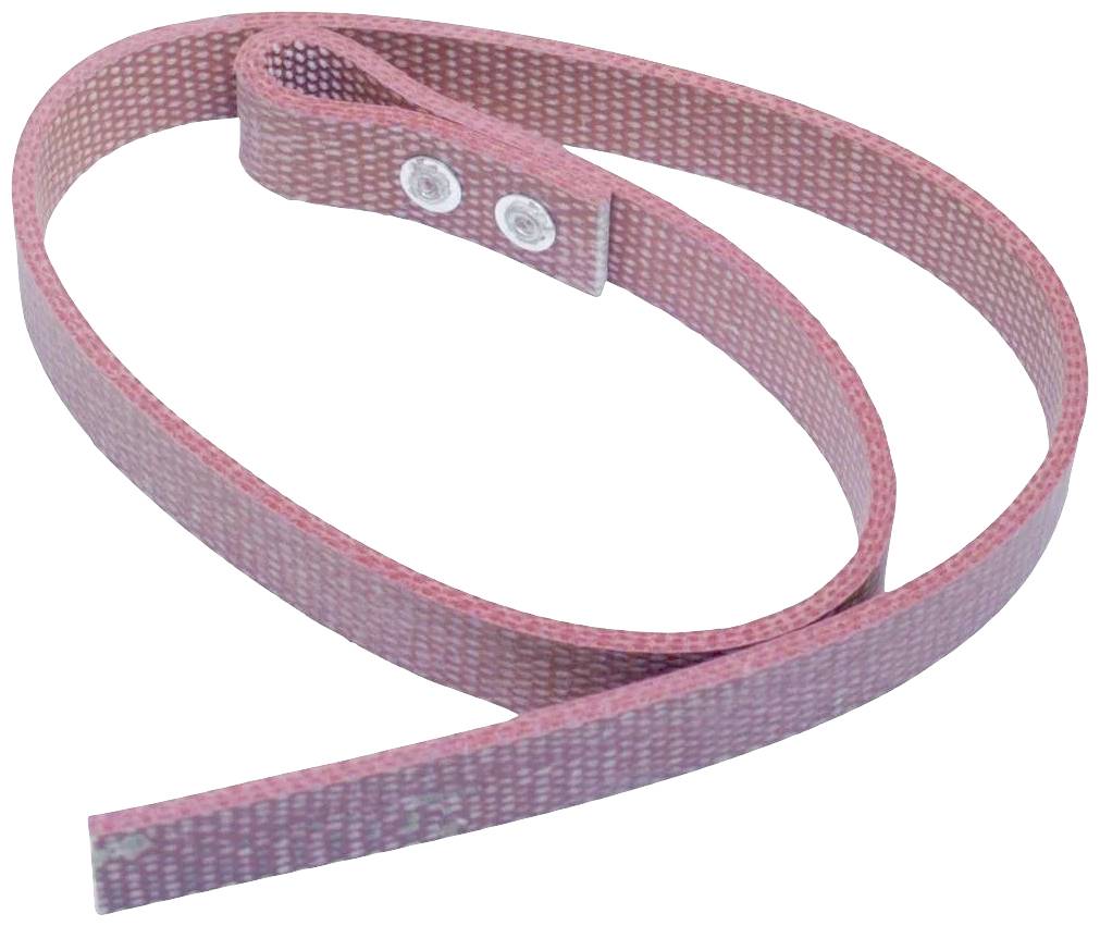 Een rode, flexibele riem met twee witte knopen aan één uiteinde.