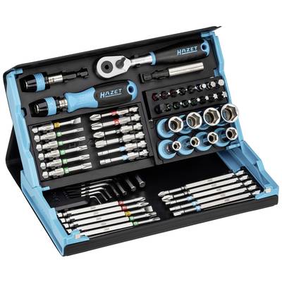 Een gereedschapsset met verschillende schroevendraaiers, bits en zeskantsleutels. De set is gerangschikt in een opvouwbare etui.