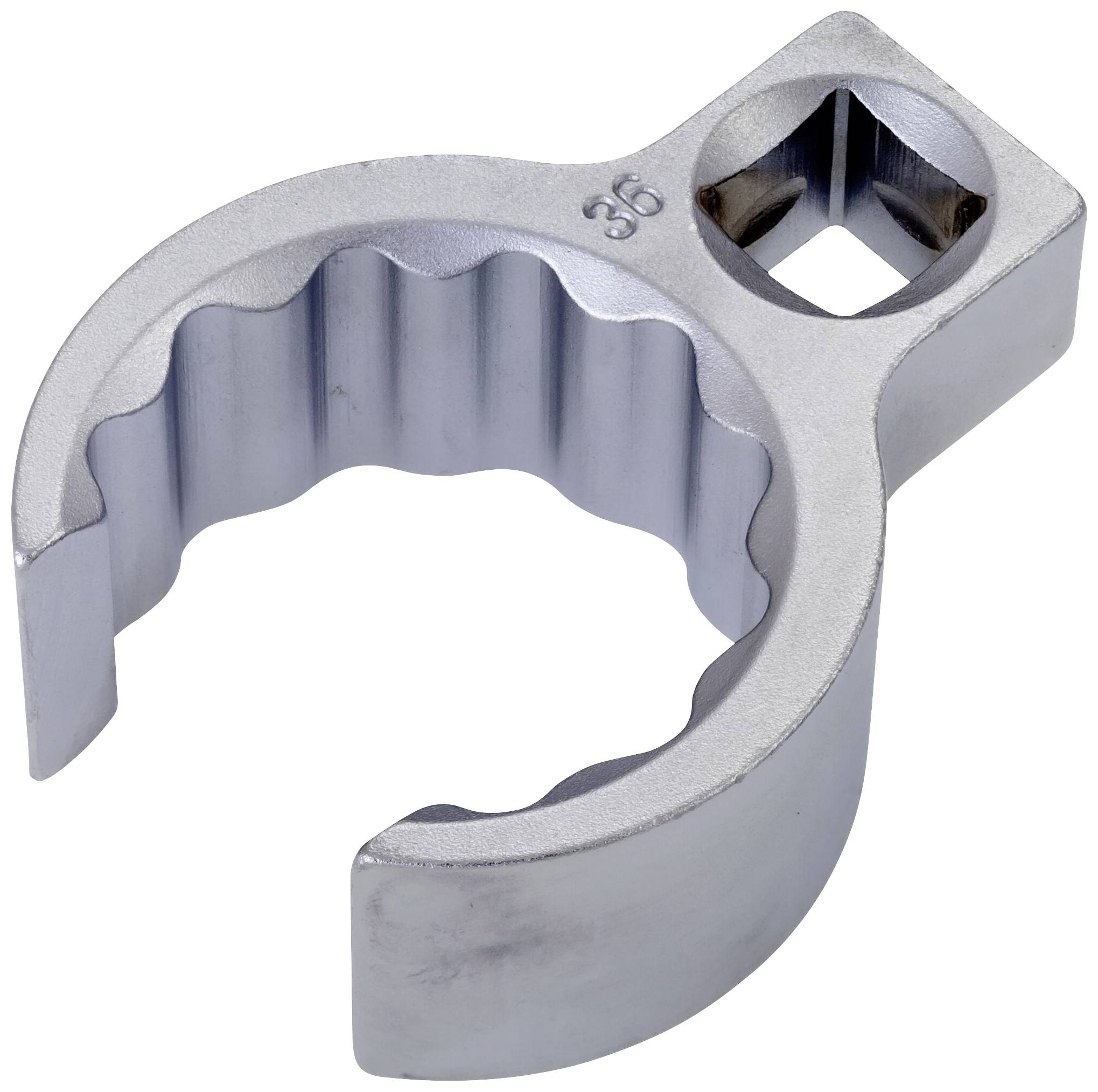 Metalen sleutelopzetstuk met vierkante en ronde opening, markering '36' aan de bovenkant, bedoeld voor het aandraaien van schroeven.