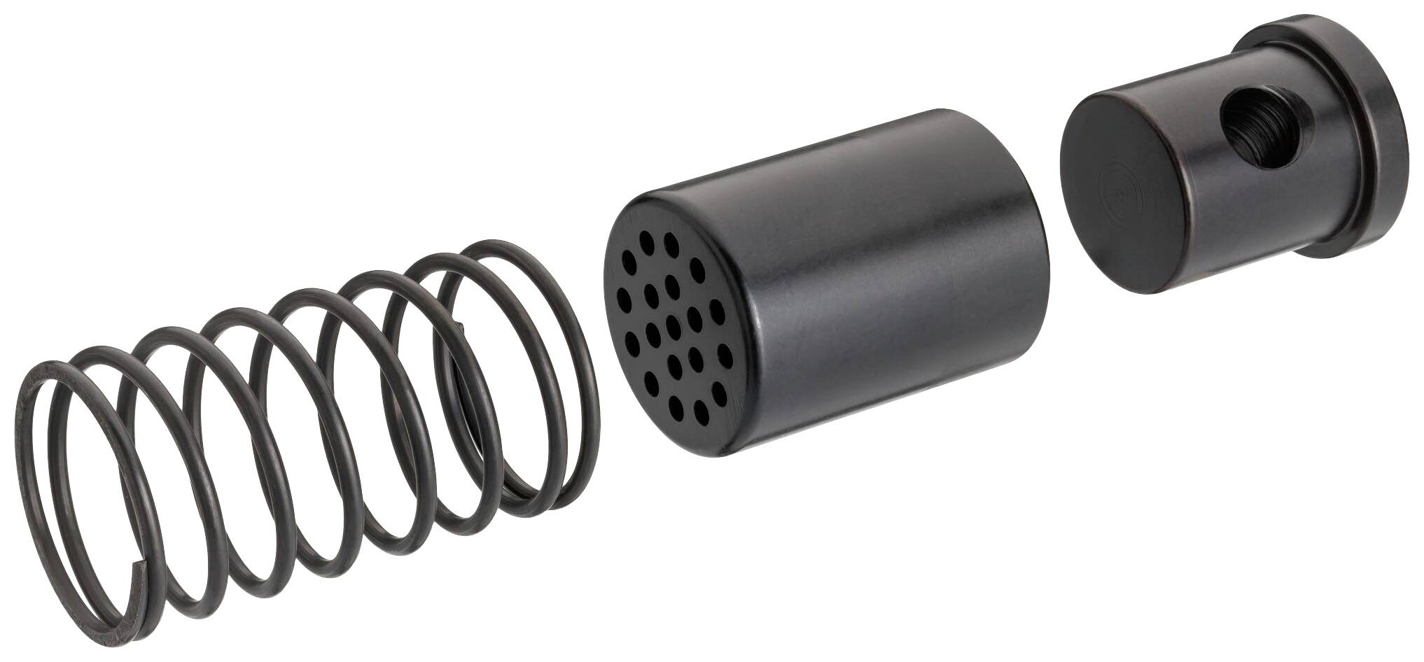 Een driedelige metalen voorziening, bestaande uit een veer, een buisvormige behuizing met gaten en een cilindrisch eindstuk.