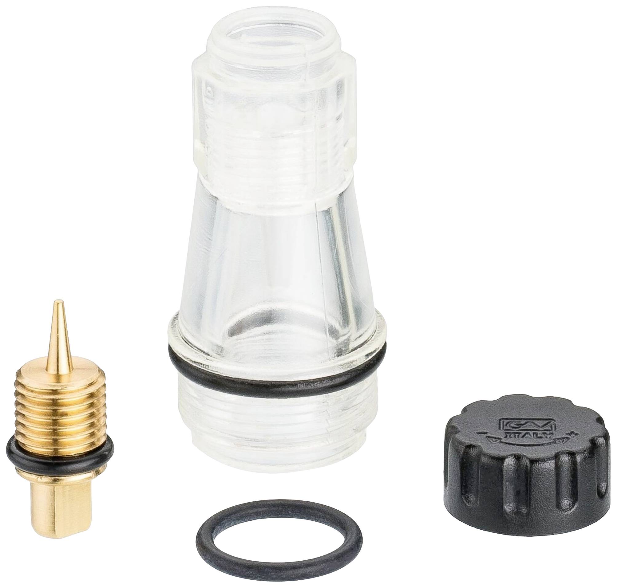 Transparante kunststof adapter, gele metalen punt, zwarte ring en dop. Accessoire voor technische apparatuur.