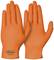 Twee oranje werkhandschoenen van rubber met textuur, waarvan er één de voorkant en de andere de achterkant toont, op een witte achtergrond.