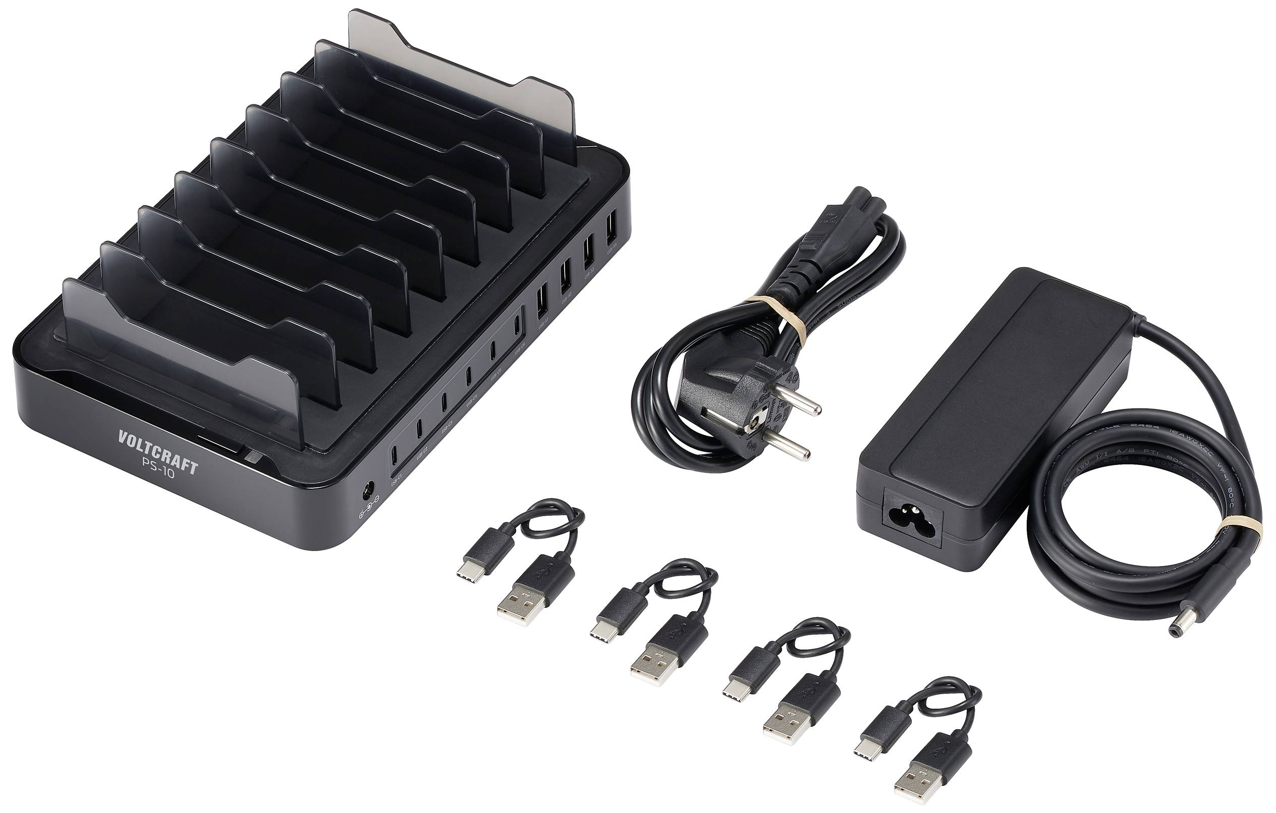 Laadstation met acht USB-poorten en scheidingswanden, netadapter, stroomkabel en vier korte USB-kabels. Geschikt voor meerdere apparaten.