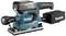 Makita accu-deltaschuurmachine, modelnummer DBO380, met stofopvangzak en ergonomische handgreep, geschikt voor schuurwerkzaamheden.