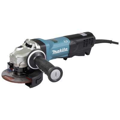 Haakse slijper van Makita, blauw-zwart met zilveren kop, zijdelingse handgreep en rode slijpschijf. Geschikt voor metaalbewerkingen.