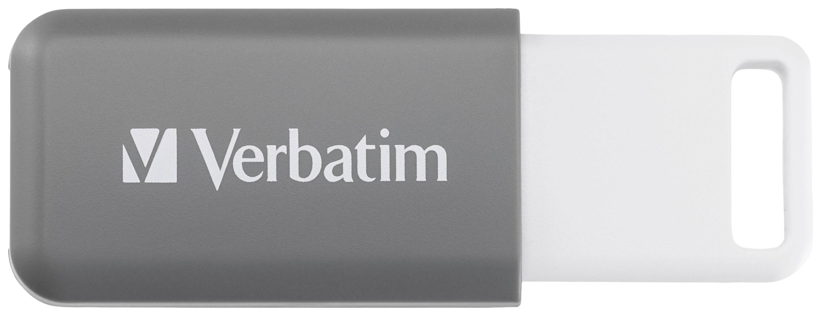USB-stick van Verbatim, gedeeltelijk uitgeschoven, met een grijze behuizing en een witte schuiver.