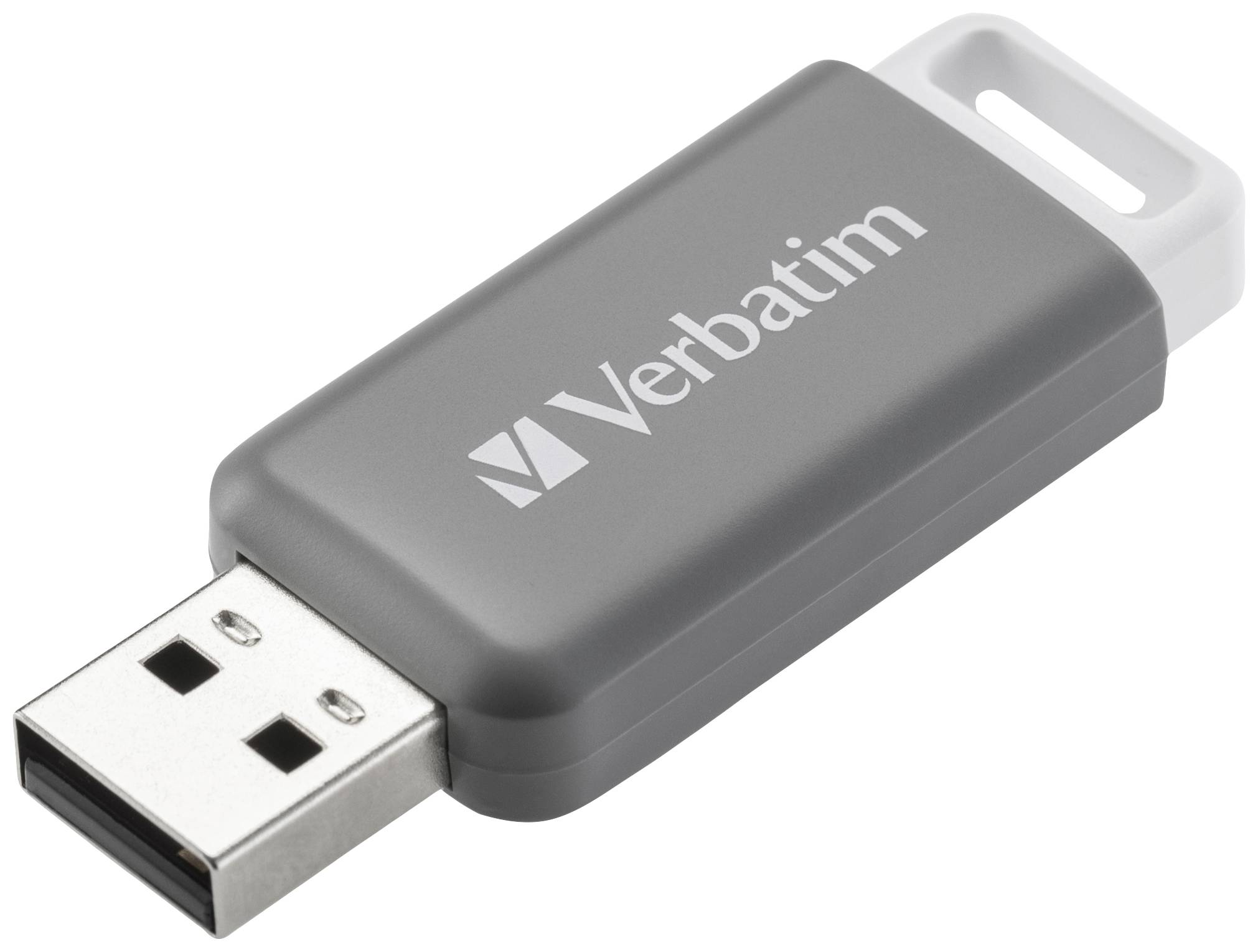 Een grijze USB-stick van het merk Verbatim.