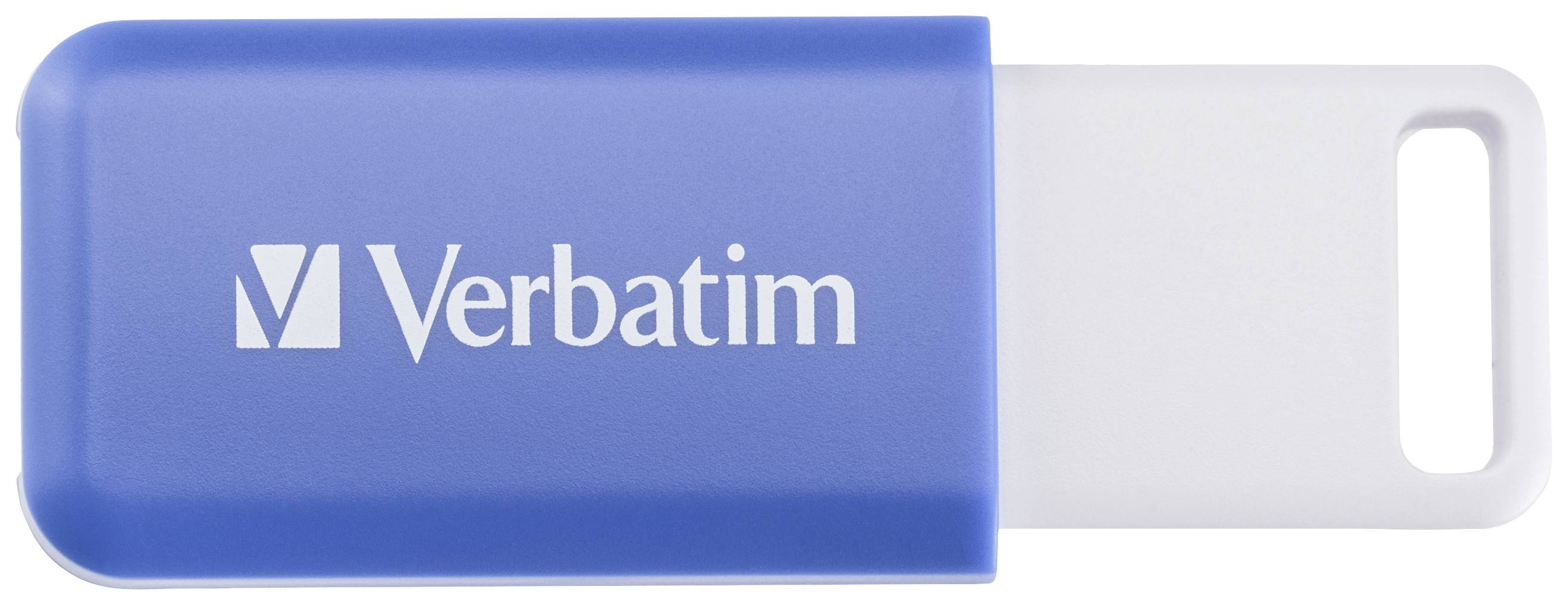 Blauwe USB-stick met het opschrift 'Verbatim', gedeeltelijk uitgeschoven, op een witte achtergrond.