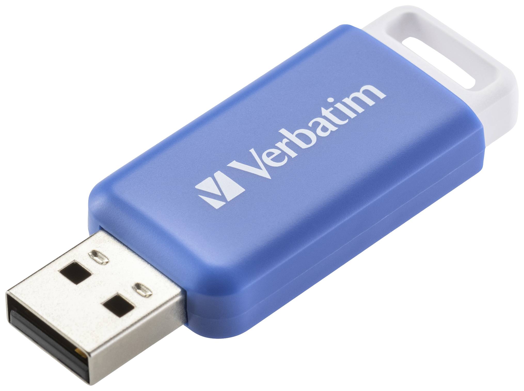 Blauwe USB-stick met 'Verbatim'-logo, rechthoekige vorm, afneembare dop.