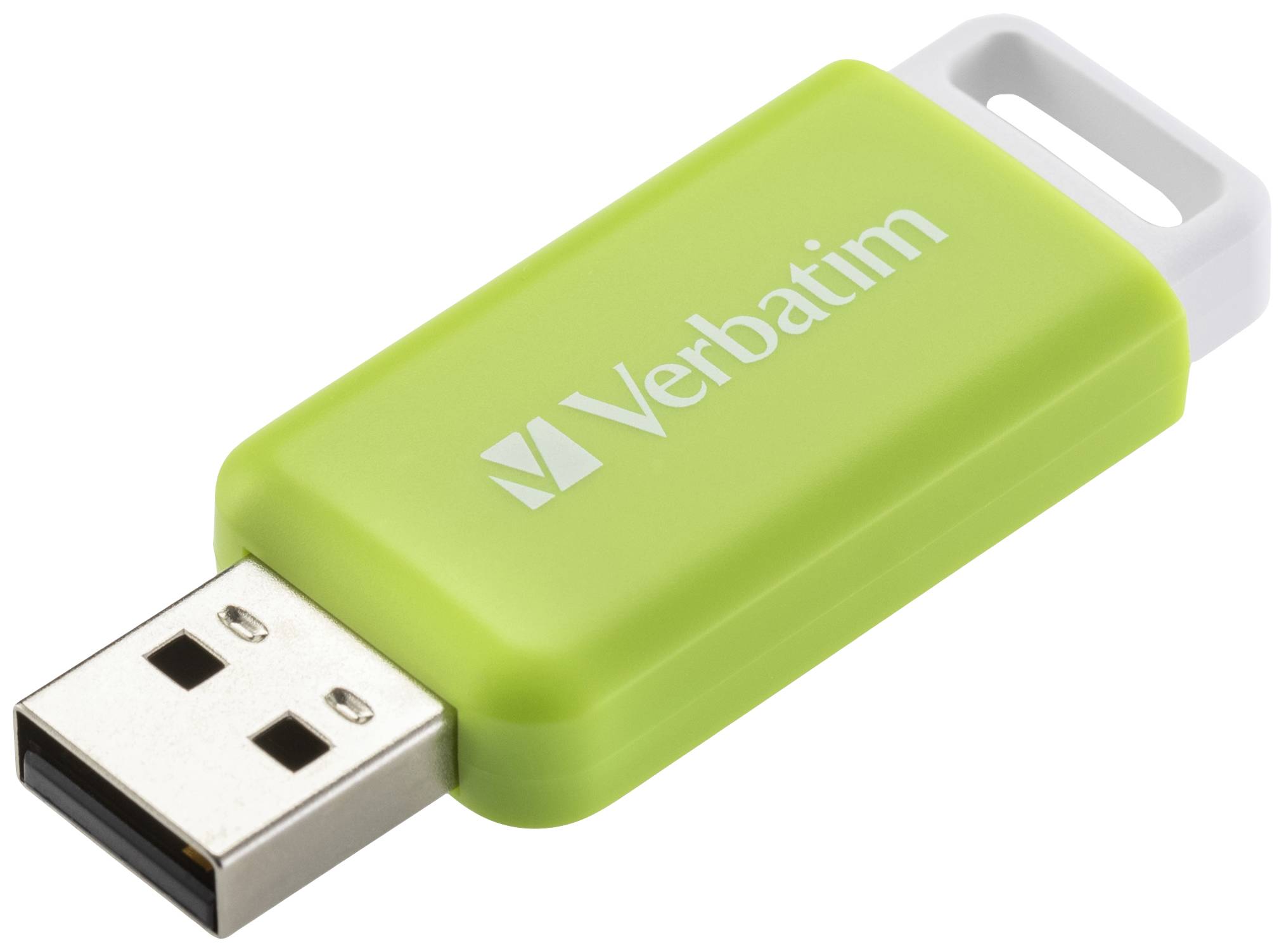 Een groene USB-stick met het opschrift 'Verbatim'.