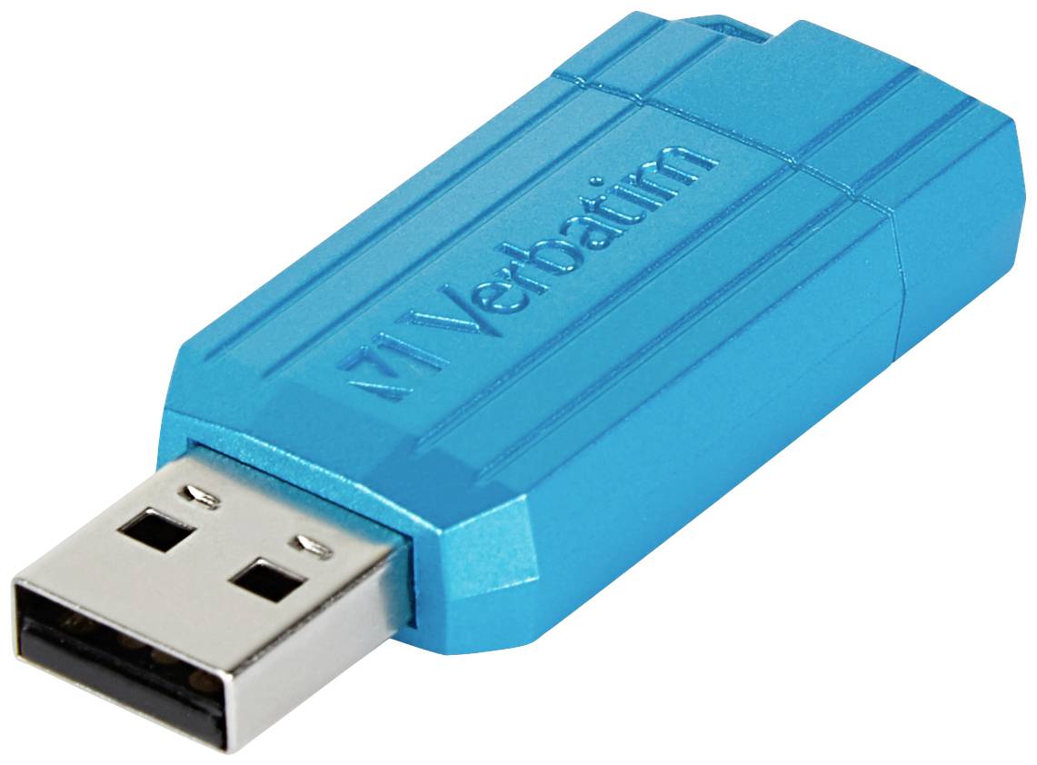 Een blauwe USB-stick van het merk Verbatim.