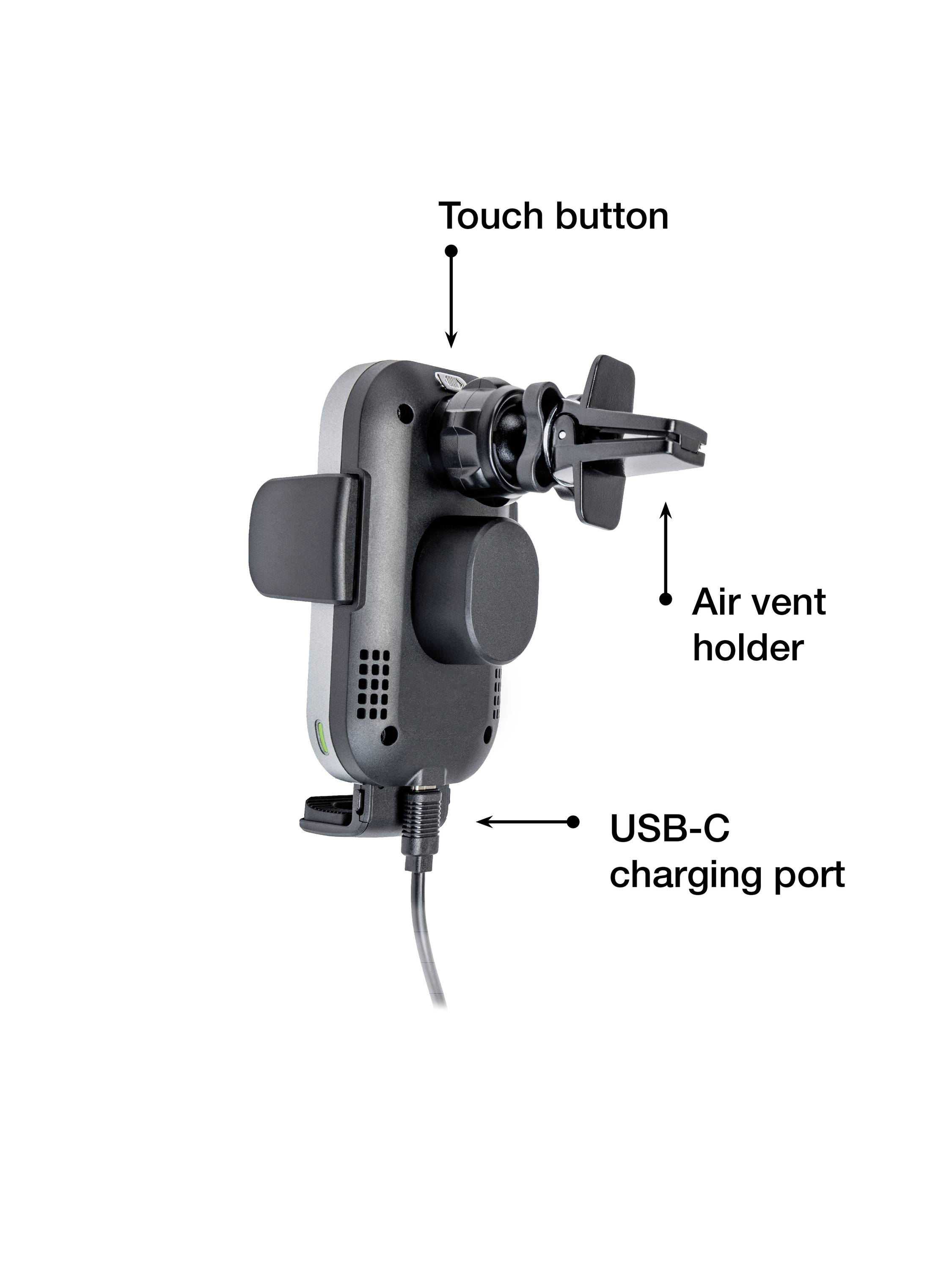 Handyhouder voor in de auto met Touch-knop, ventilatiemontage en USB-C-oplaadaansluiting.