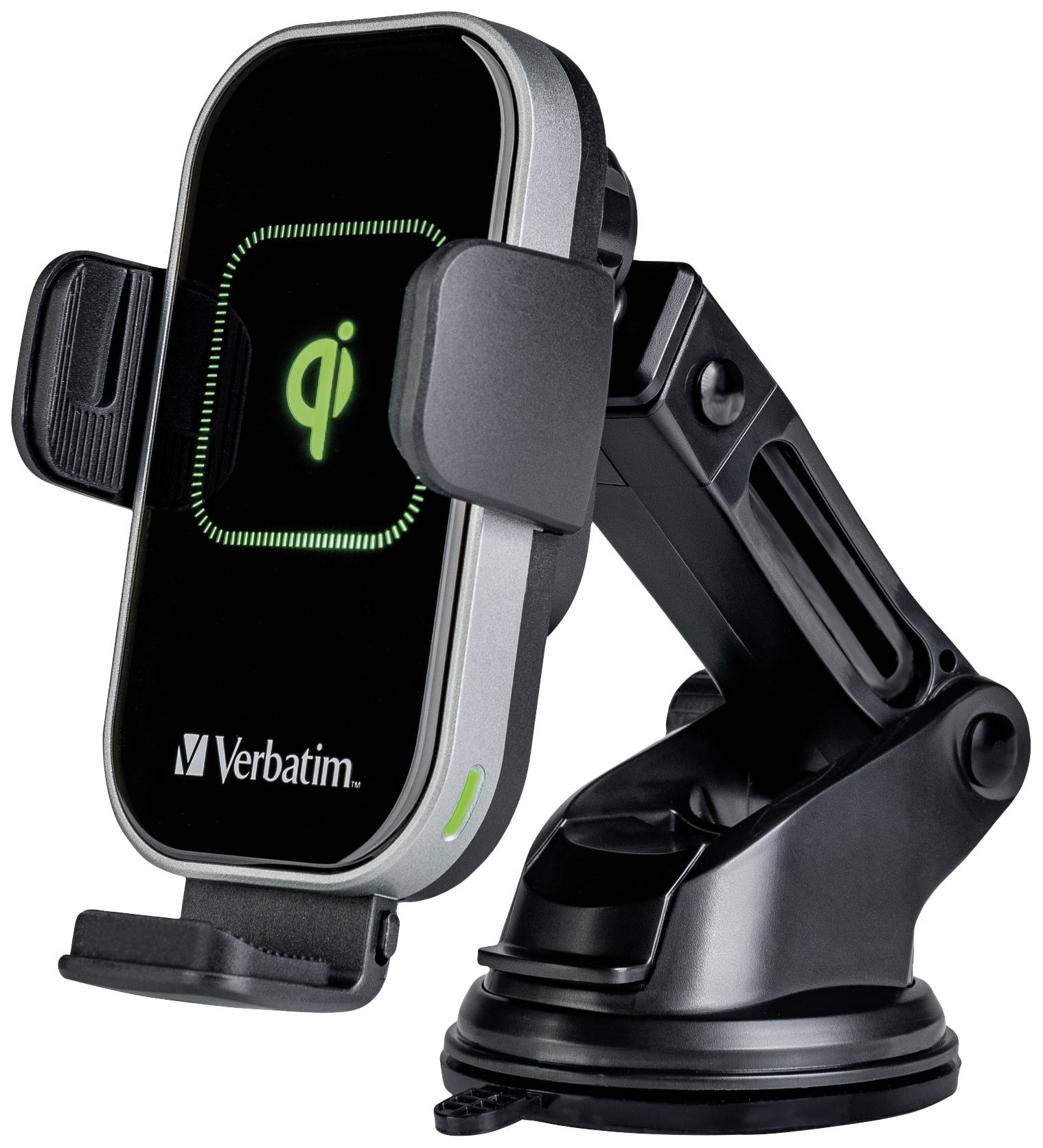 Een zwarte mobiele telefoonhouder met Qi-draadloze laadtechnologie, gemonteerd op een verstelbare arm, met het merkenlogo 'Verbatim'.