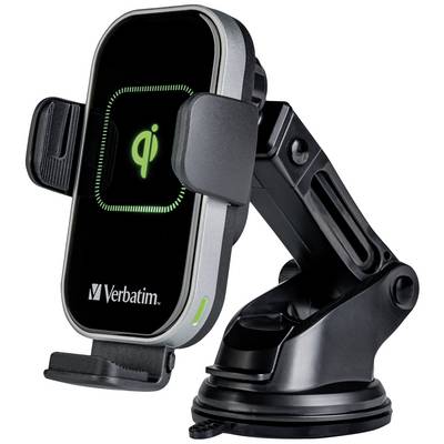 Een zwarte mobiele telefoonhouder met Qi-draadloze laadtechnologie, gemonteerd op een verstelbare arm, met het merkenlogo 'Verbatim'.