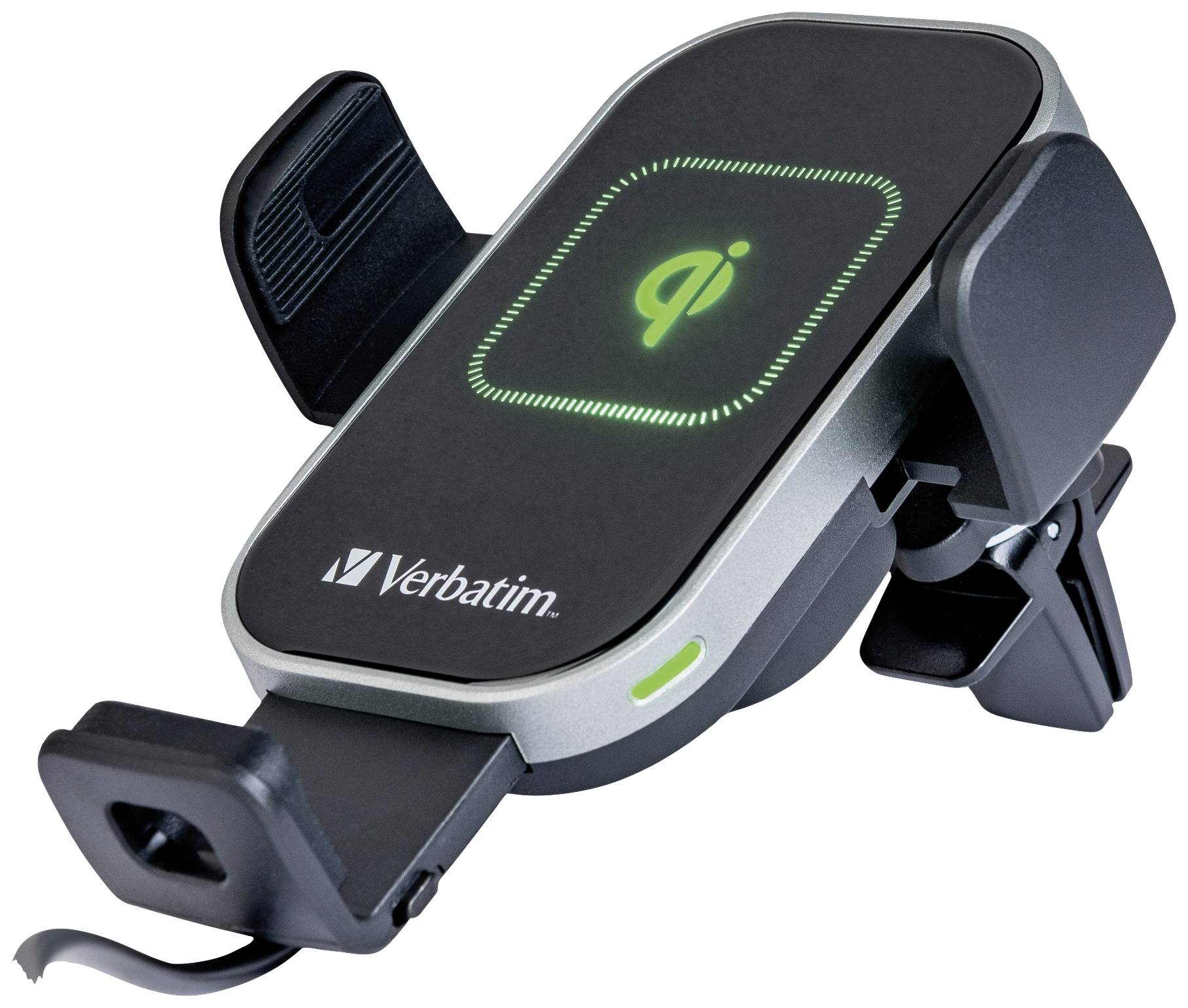 'Verbatim Qi-compatibele draadloze mobiele telefoonhouder in zwart met groen laadsymbool, geschikt voor auto's.'