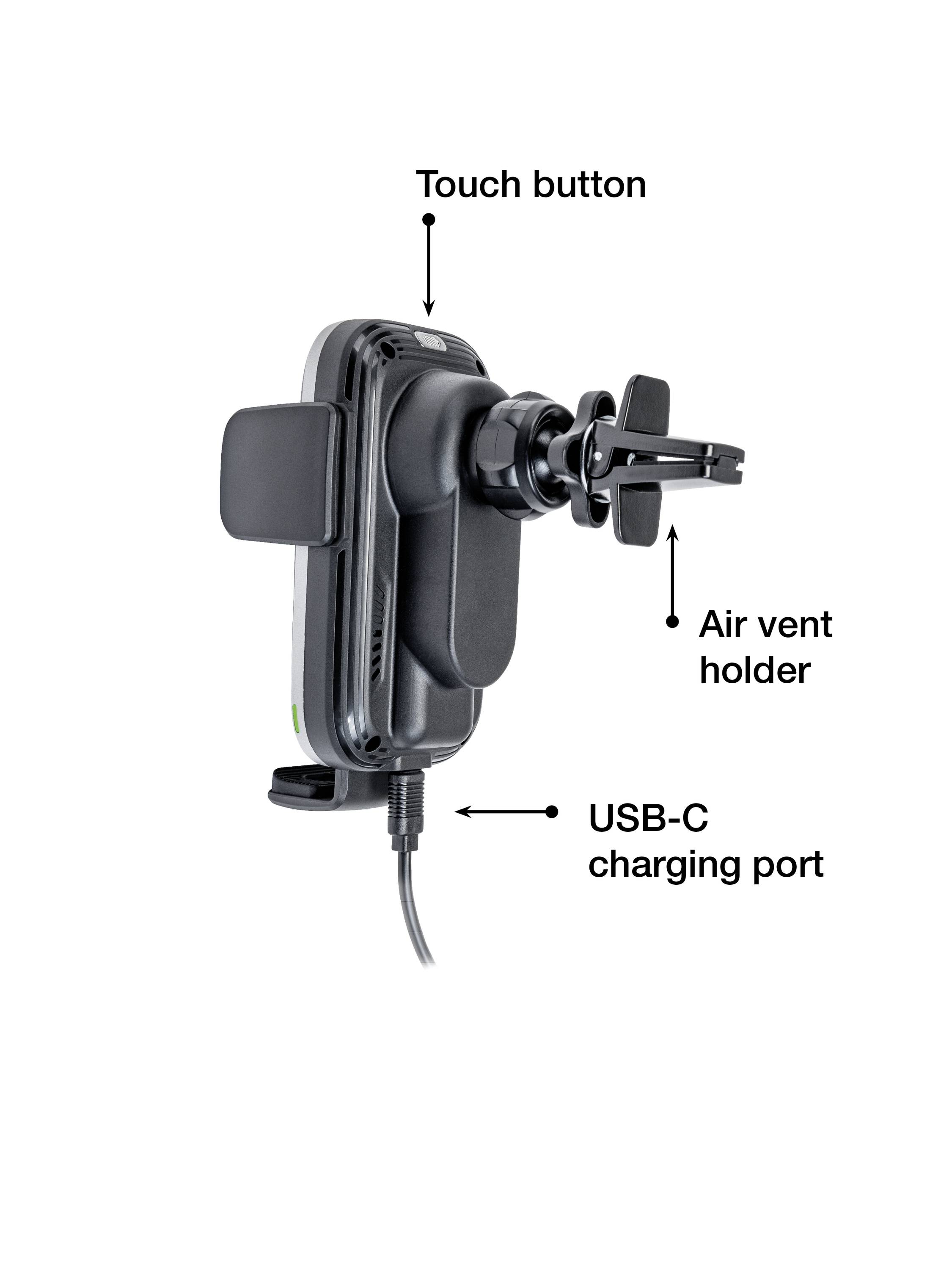 Zijaanzicht van een draadloze telefoonhouder met labels: 'Aanraakknop', 'Ventilatierooster bevestiging' en 'USB-C oplaadpoort'.