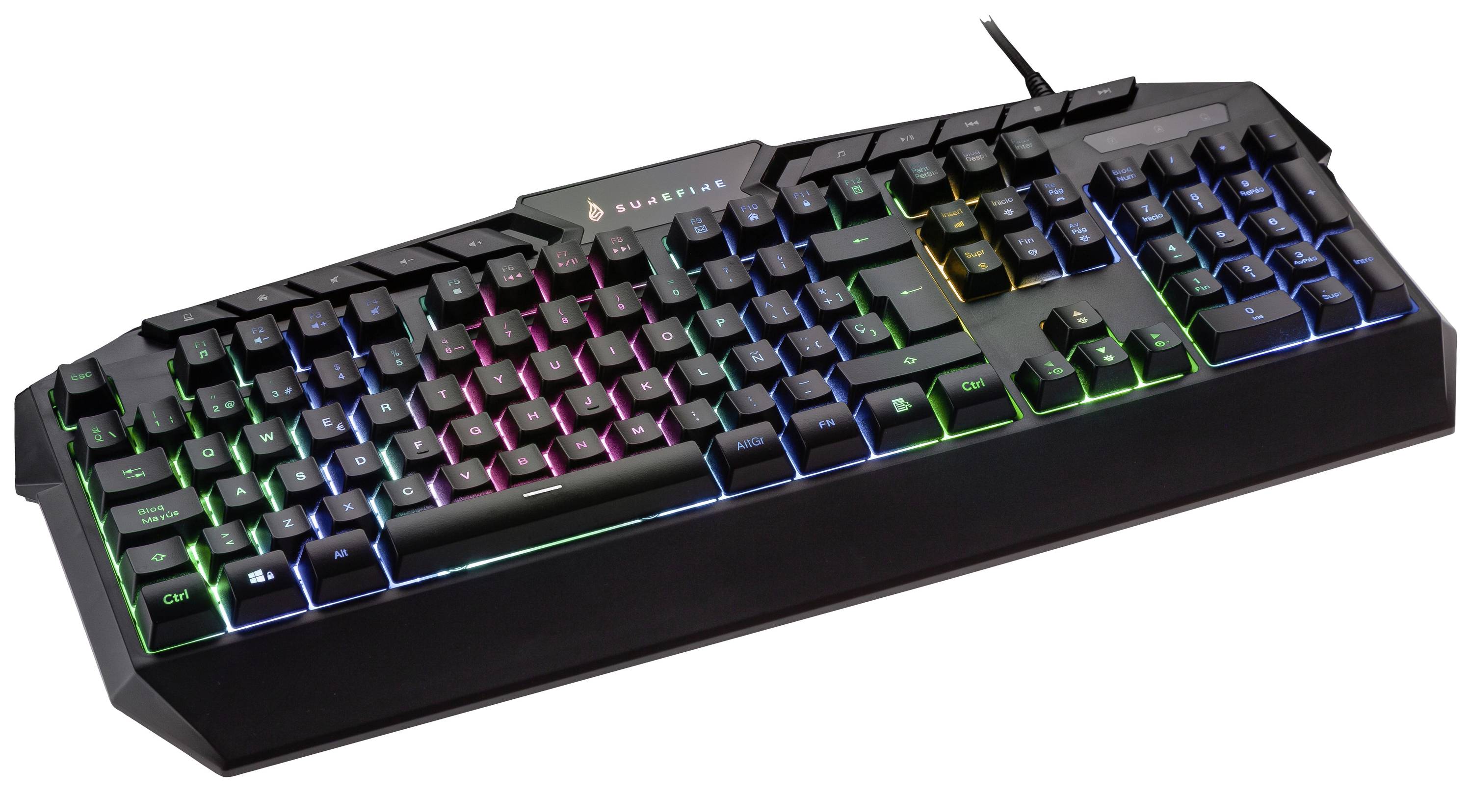 Een RGB-verlichte gaming-toetsenbord met talrijke toetsen en een zwarte behuizing. De toetsen lichten op in verschillende kleuren.
