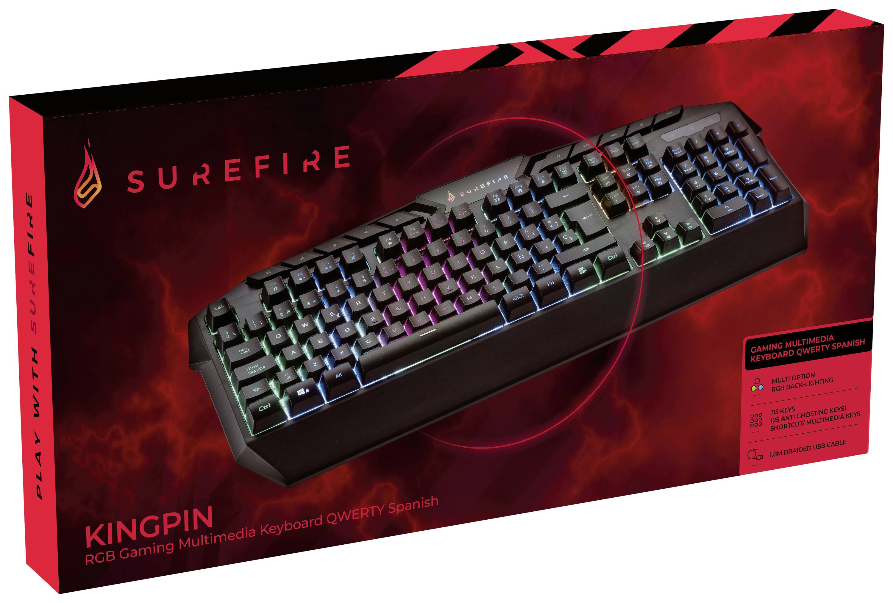 'Kingpin RGB Gaming Multimediatoetsenbord', Spaanse QWERTY-toetsenbord, afgebeeld op de doos. Kleurrijke RGB-verlichting; Merk: Surefire.