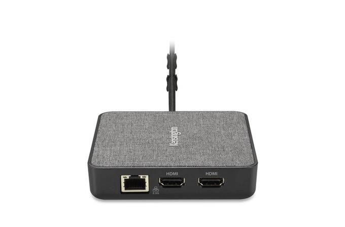 Klein zwart apparaat met stof oppervlak, twee HDMI-aansluitingen en een Ethernet-aansluiting, bovenkant met wazig logo.