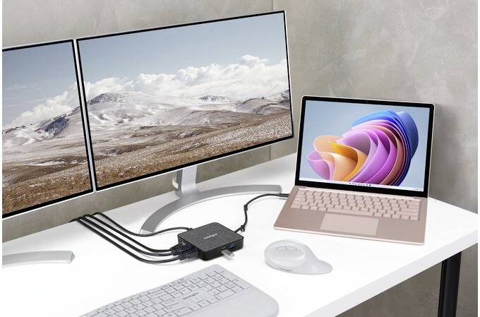 Twee monitoren en een laptop op een bureau, verbonden door een verdeler. De monitoren tonen een landschap, de laptop een kleurrijk ontwerp.