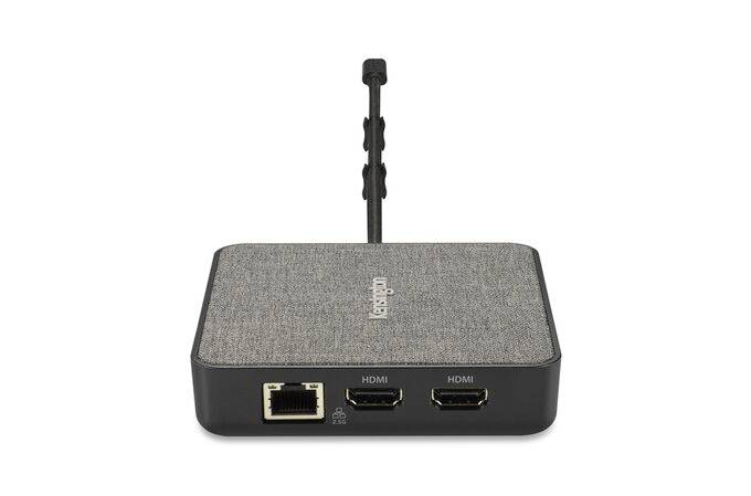 Een rechthoekig, grijs apparaat met een stoffen oppervlak, toont een Ethernet-aansluiting en twee HDMI-poorten aan de voorkant. Een antenne staat aan de achterkant.