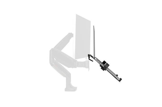 Zijaanzicht van een monitorarm met laptophouder. De monitorarm wordt getoond in flexibel instelbare posities.