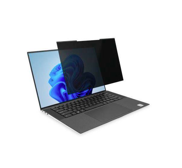 Een laptop met een privacyscherm dat de zijdelingse weergave van het scherm blokkeert, zodat de inhoud alleen zichtbaar is wanneer men recht voor het scherm zit.
