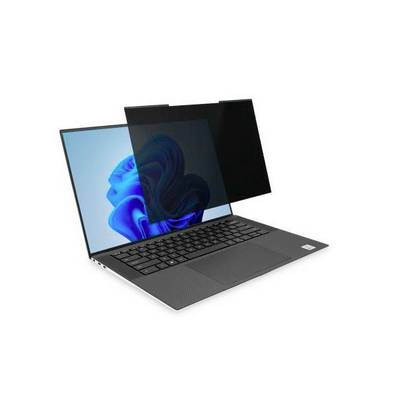 Een laptop met een privacyscherm dat de zijdelingse weergave van het scherm blokkeert, zodat de inhoud alleen zichtbaar is wanneer men recht voor het scherm zit.