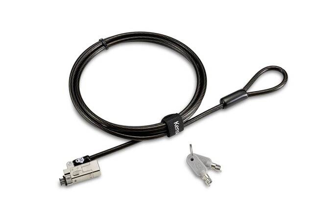 Een beveiligingsslot met kabel en twee sleutels, gebruikt voor het beveiligen van laptops en andere apparaten.