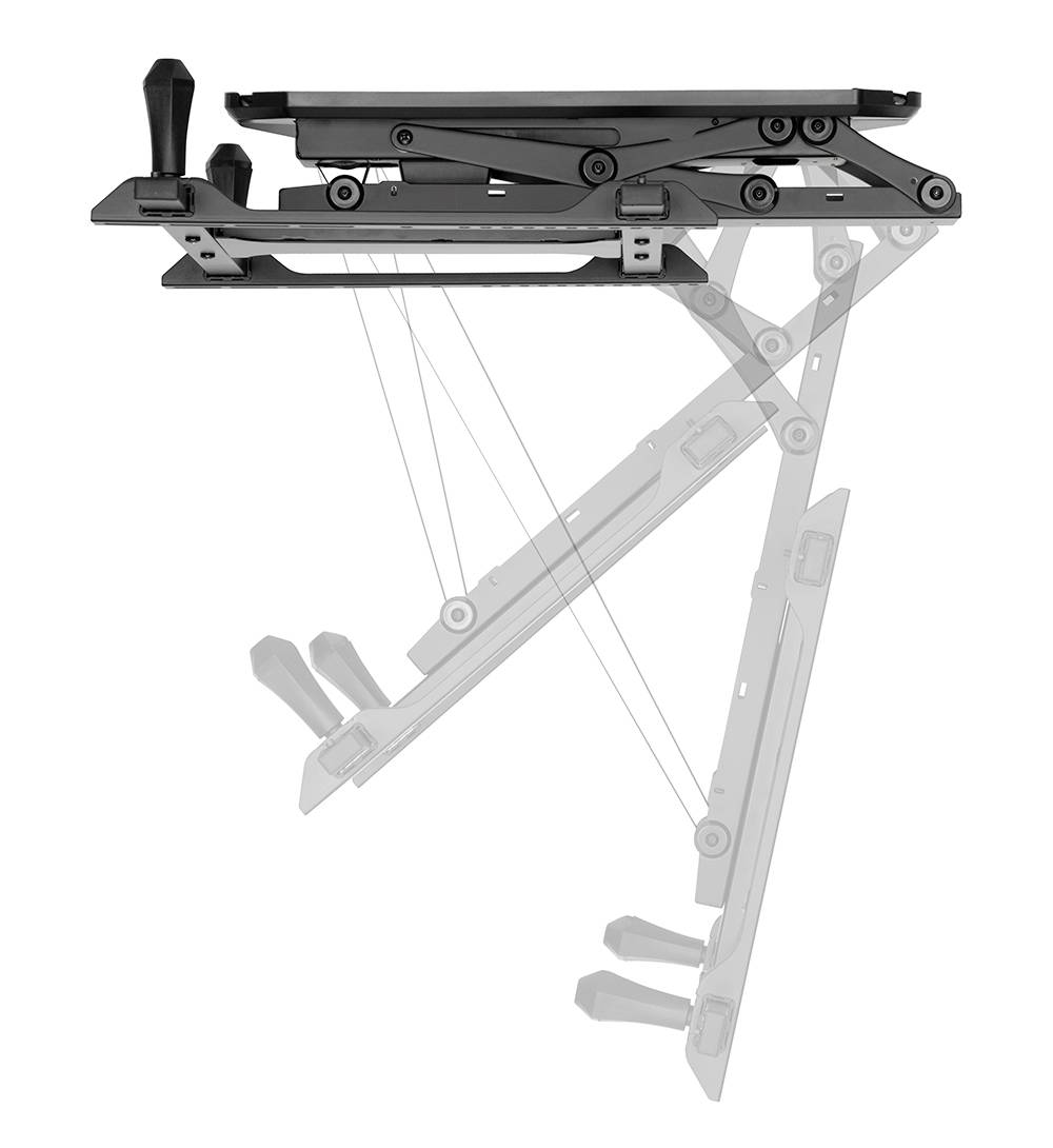 Een opvouwmechanisme in zijaanzicht toont de verschillende posities van ingeklapt tot uitgeklapt.