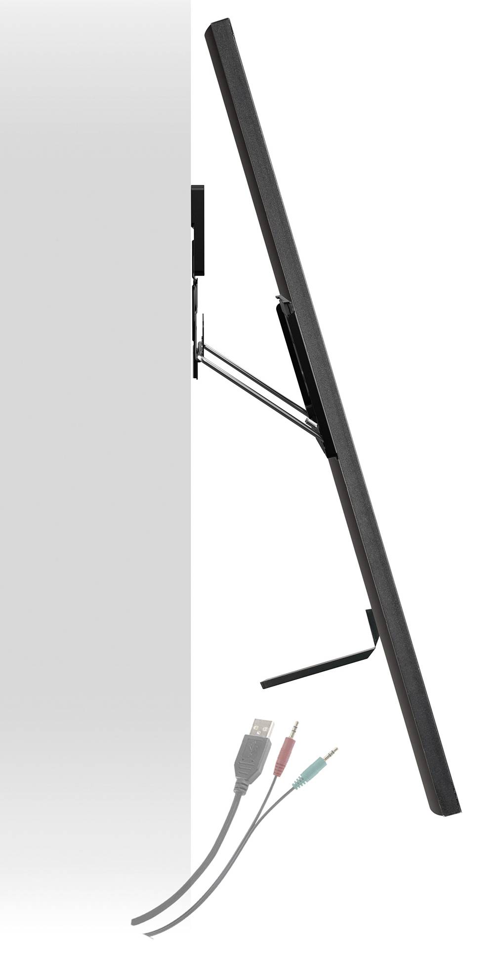 Zijaanzicht van een platte monitor aan een wandsteun, kantelbaar. Twee kabels steken uit, een USB- en een audiokabel.