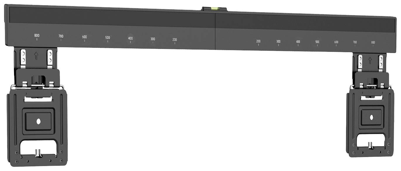 Zwarte, horizontale machinebouwcomponent met twee verticale bevestigingsbeugels onderaan, meetschaal bovenaan; zou onderdeel kunnen zijn van een meubelstuk.