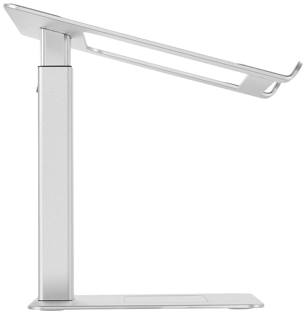 Een zijaanzicht van een zilveren laptopstandaard die in hoogte verstelbaar is en een ergonomische gebruikservaring mogelijk maakt.