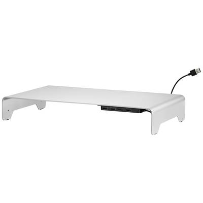 Een zilveren monitorstandaard met geïntegreerde USB-aansluiting, ideaal voor het verhogen van het beeldscherm en voor extra aansluitruimte.