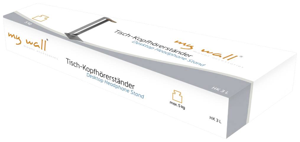 Verpakking van een tafel-koptelefoonstandaard met opschrift 'my wall'. Capaciteit tot 5 kg. Modelaanduiding: HK 3L.