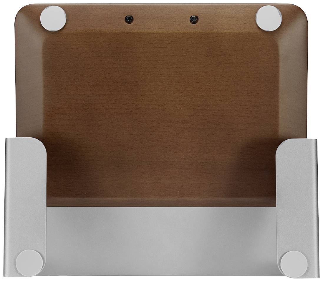 Laptopstandaard van hout en metaal met een stabiele steun en beschermende kussentjes. Geschikt voor het veilig neerzetten van laptops.