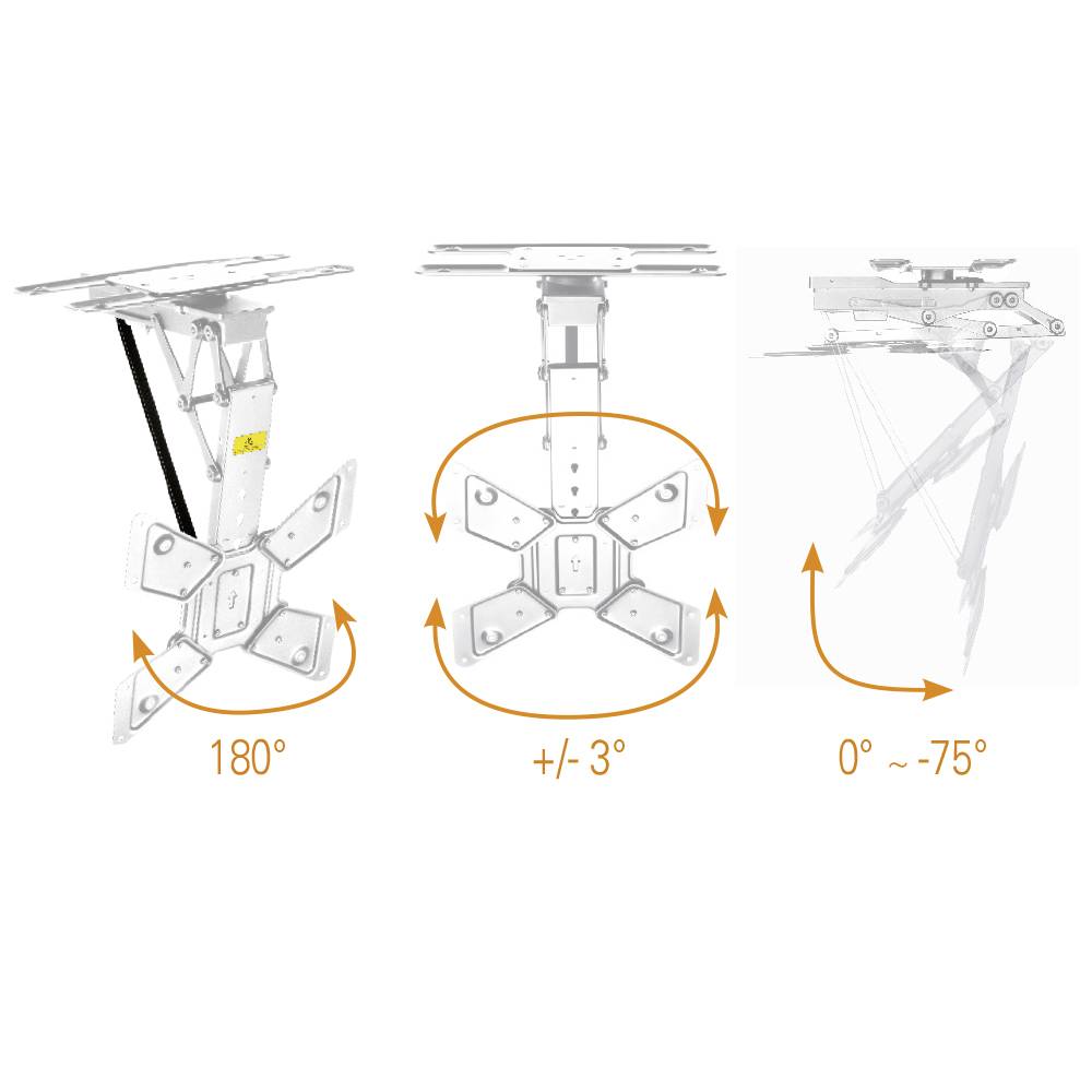 'Afbeelding toont drie weergaven van een projectorlift: volledig uitgeschoven bij 180°, halverwege ingesteld bij +/- 3° en ingeschoven bij 0° ~75°.'