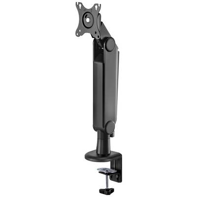Zwarte monitorarm met schroefklem voor bevestiging aan tafelranden. Scharnierende arm maakt flexibele positionering van het beeldscherm mogelijk.