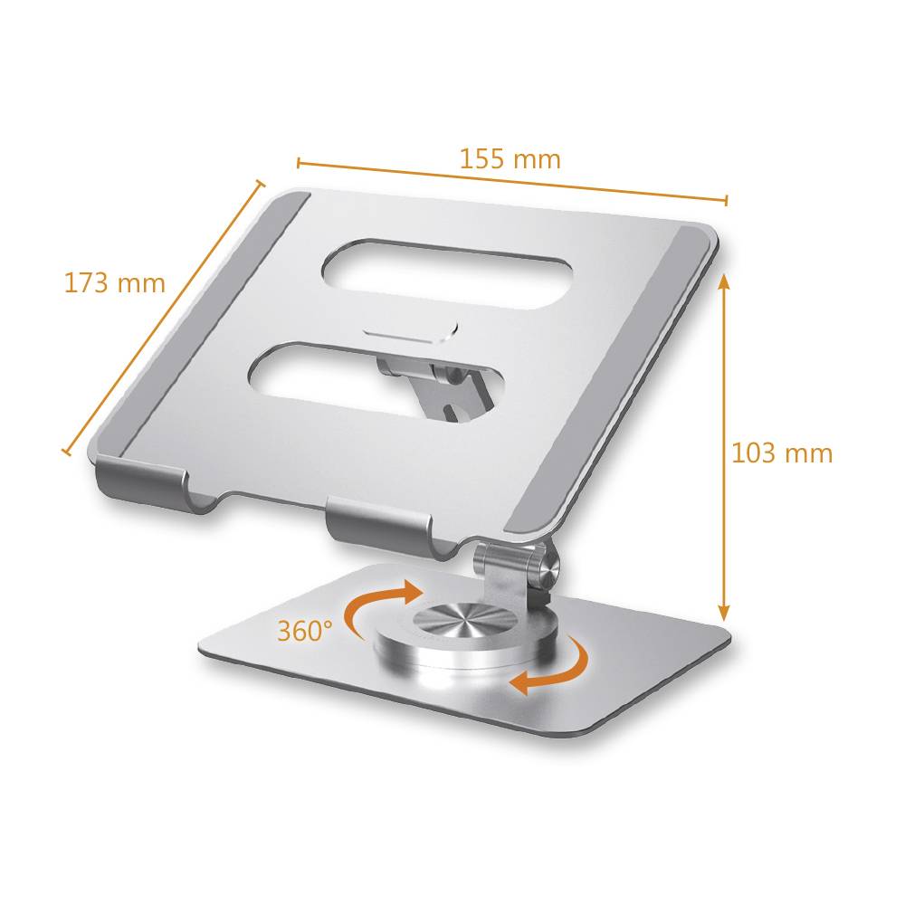 Laptopstandaard van zilverkleurig metaal, afmetingen: 155 mm breedte, 173 mm hoogte, 103 mm diepte, 360 graden draaibaar.