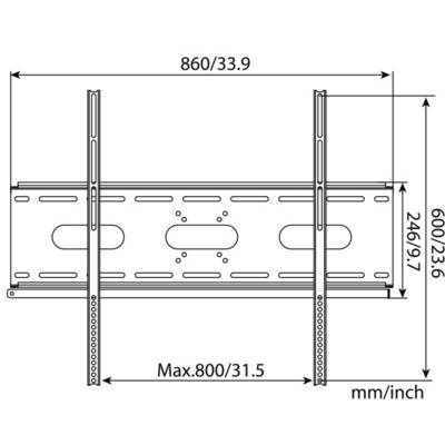 Technische tekening van een wandbeugel. Afmetingen: breedte 860 mm (33,9 inch), hoogte 600 mm (23,6 inch), maximale montage 800 mm (31,5 inch).