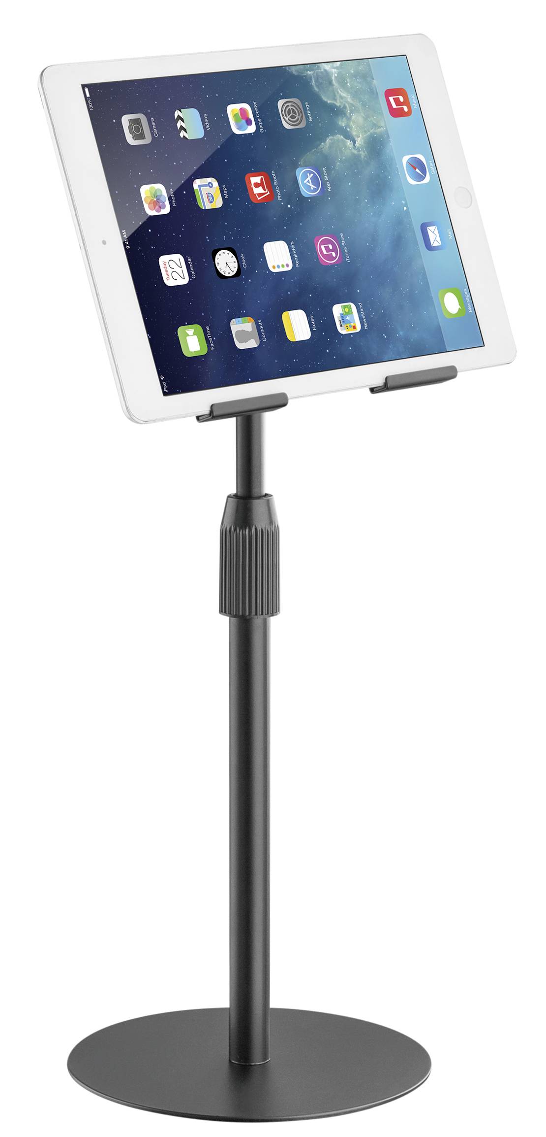Een tablet in een verstelbare standaard. Het scherm toont verschillende app-symbolen. De standaard heeft een ronde voet.