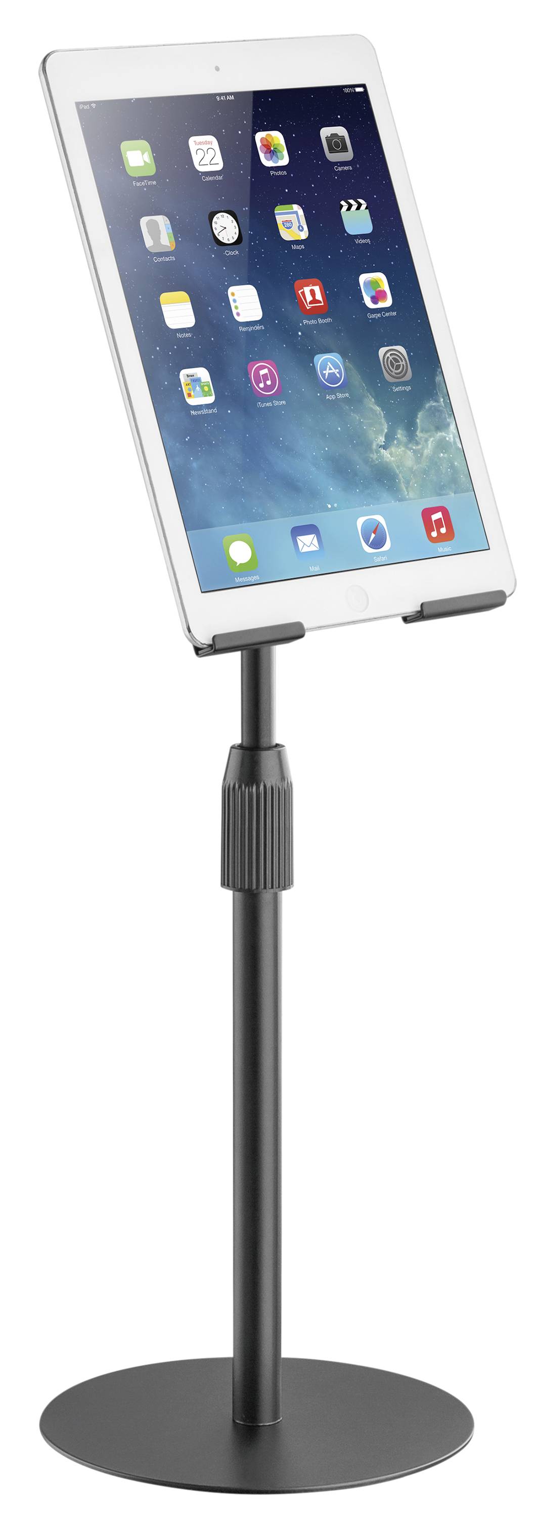 Tablet op een in hoogte verstelbare standaard, met een geopende app-weergave op het scherm. De standaard heeft een ronde basis en is grijs van kleur.