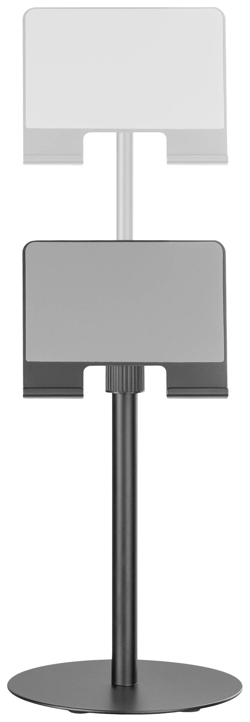 Een zwarte, vrijstaande standaard met twee transparante houders voor tablet of mobiele telefoon.