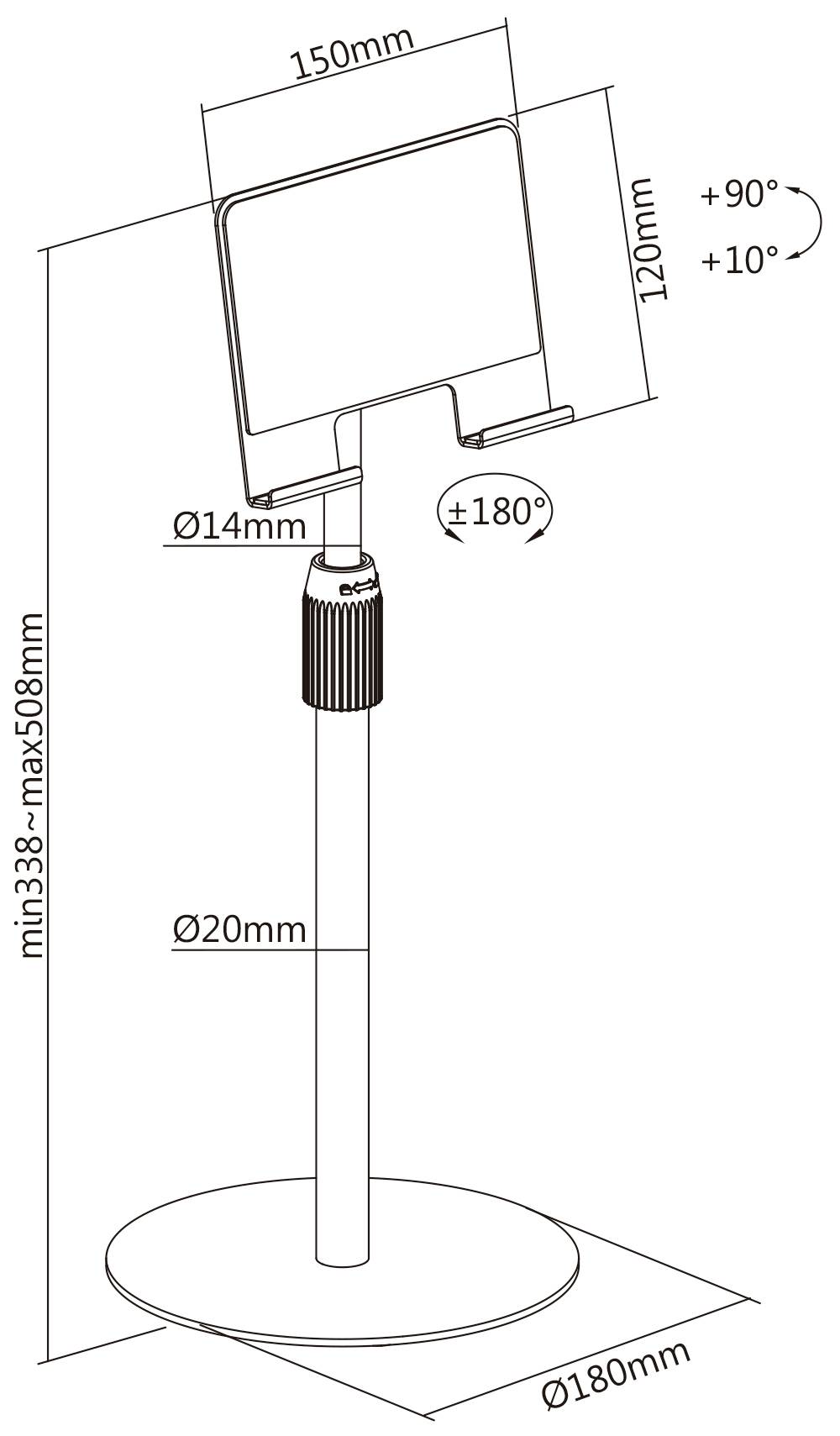Technische tekening van een verstelbare houder: Totale hoogte 338-608 mm, breedte 150 mm, basisdoorsnede 180 mm, hellingshoek +90° tot -10°.
