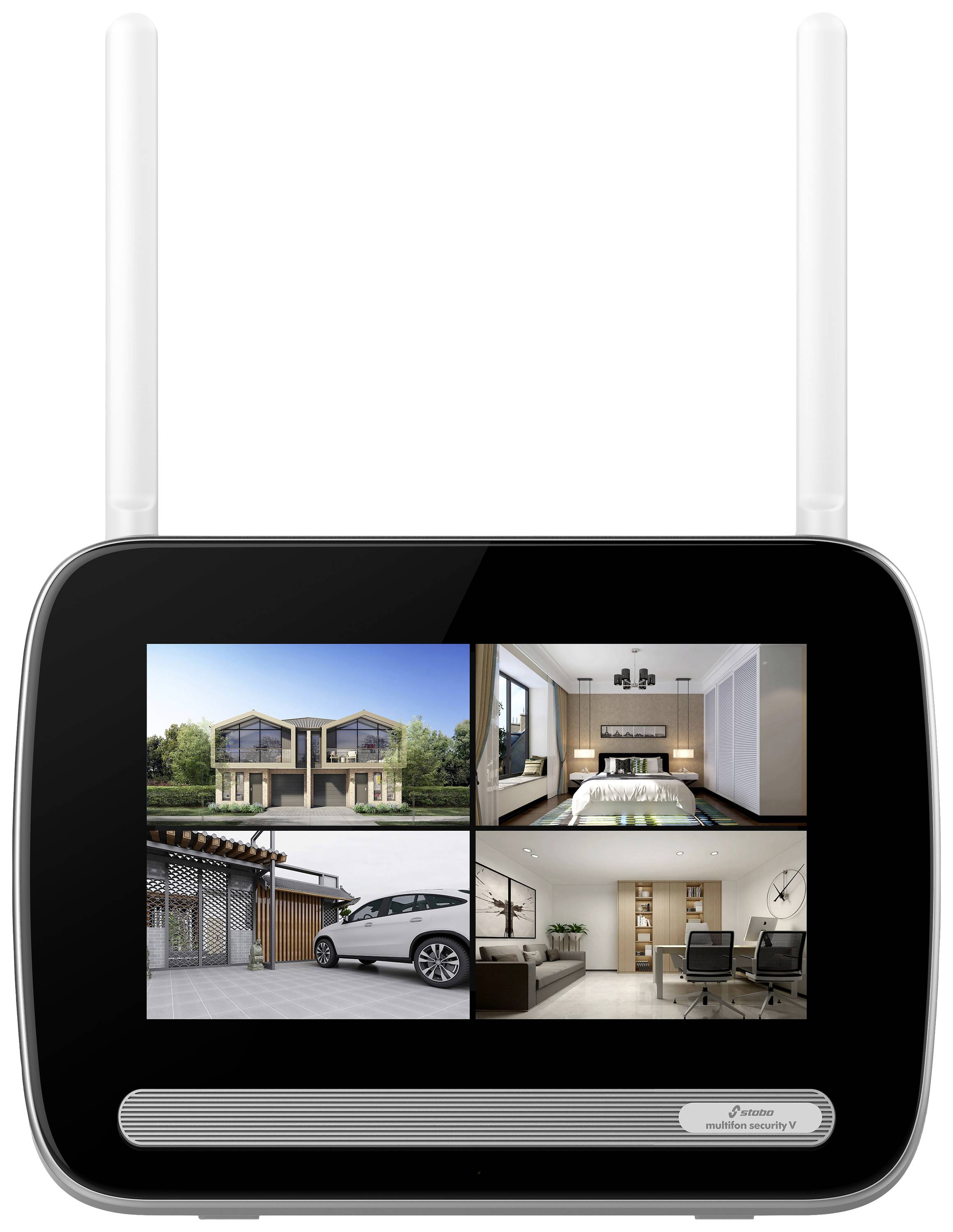 Een elektronisch display toont vier afbeeldingen: een modern huis, een slaapkamer, een auto voor een garage en een kantoor.